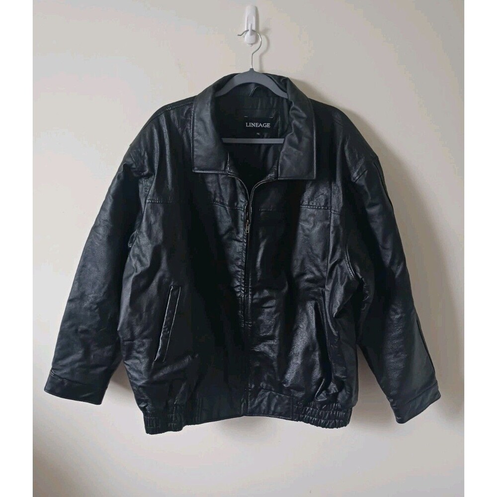 Lineage Vintage Y2K Leather Jacket Mens‎ XXL Black Oversized Streetwear Coat